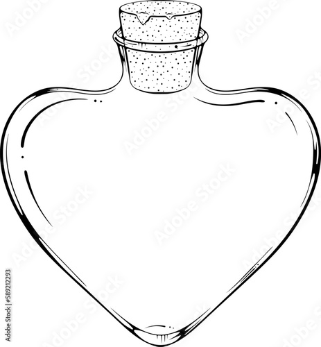 Empty glass heart shaped vial. Bottle for for love potion or alchemy with a cork. Vector illustrations in hand drawn sketch style isolated on white. Black outline graphics for coloring book, tattoo