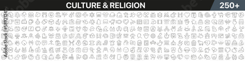 Culture and religion linear icons collection. Big set of more 250 thin line icons in black. Culture and religion black icons. Vector illustration