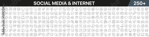 Social media and internet linear icons collection. Big set of more 250 thin line icons in black. Social media and internet black icons. Vector illustration