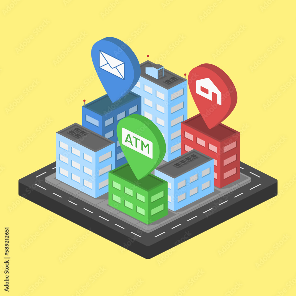 Obraz premium city center downtown block isometric rent apartment post atm map vector flat illustration