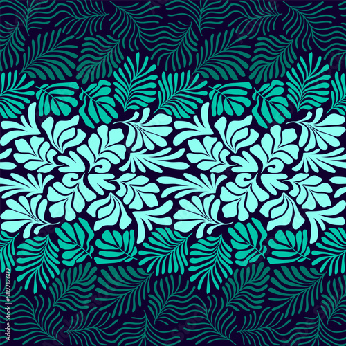 Turquoise green abstract background with tropical palm leaves in Matisse style. Vector seamless pattern with Scandinavian cut out elements.