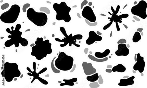 Liquid drops and blots shapes monochrome silhouette. A puddle of water or paint. Abstract spray of fluid. Black illustration in hand drawn style. Vector graphics isolated on white.