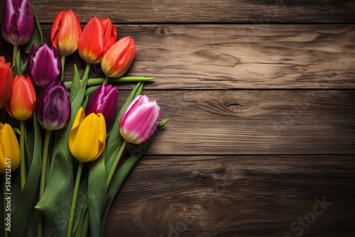 Colorful tulips on vintage wooden background