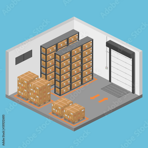 isometric storage room warehouse with parcels on pallet vector flat illustration