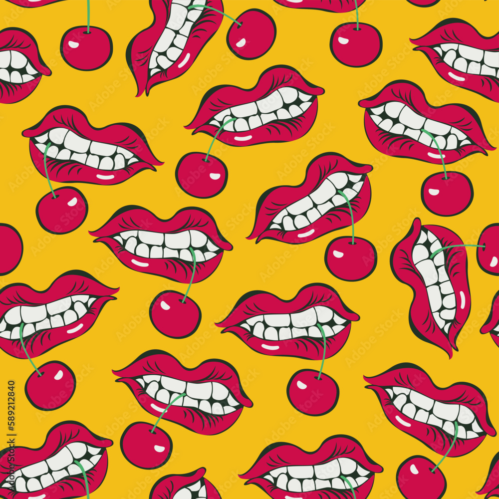 vector seamless pattern with female mouth and cherry in teeth. Out on the theme of passion and love. Suitable for packaging, paper, fabric