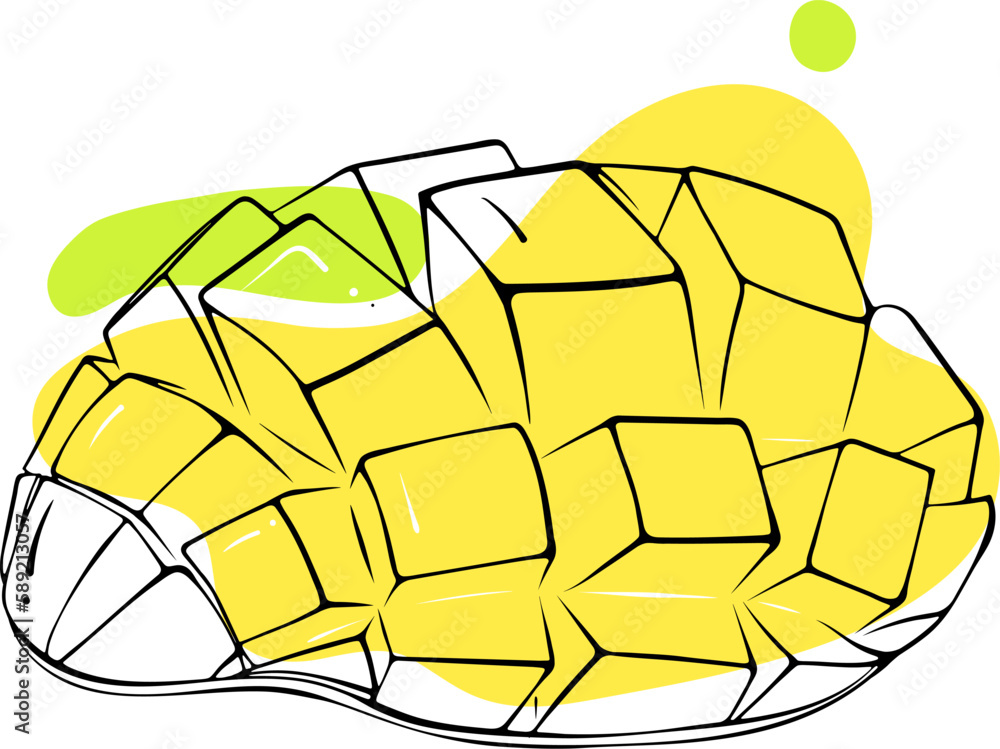 Sliced mango piece outline. Stylish sketch with abstract colored spots. Black lines with stain, blot. Vector hand drawn modern illustration isolated on white. Exotic fruit design for print, logo Sliced mango piece outline. Stylish sketch with abstract colored spots. Black lines with stain, blot. Vector hand drawn modern illustration isolated on white. Exotic fruit design for print, logo