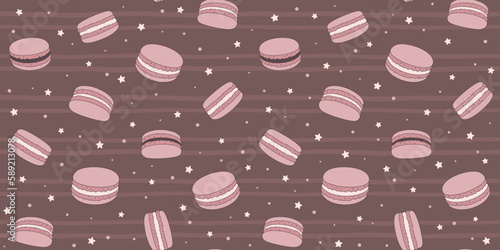 Chocolate macaroons on a striped brown background with small stars and dots. Endless texture with French sweet pastries. Vector seamless pattern for bakery, pastry shop, confectionery, surface texture
