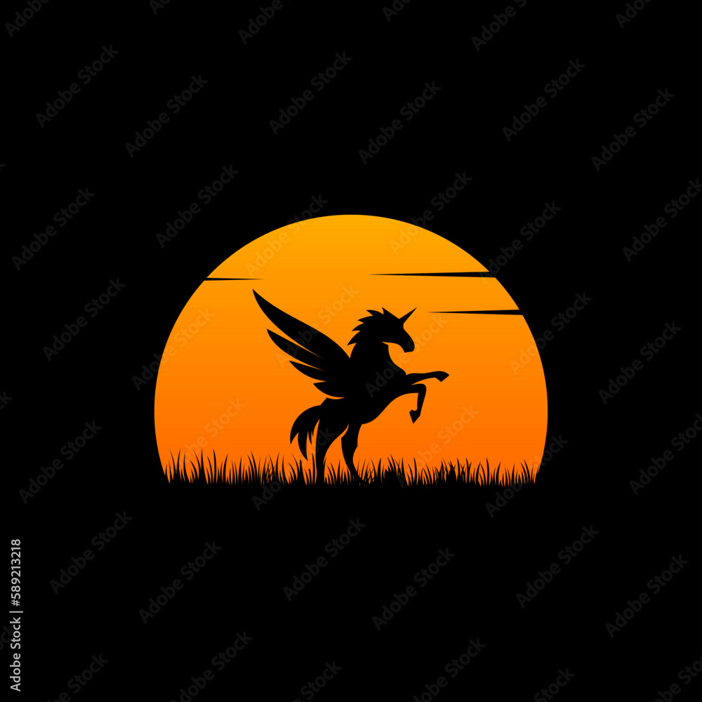 Black horse silhouette logo on sunset background
Black horse silhouette logo on sunset background