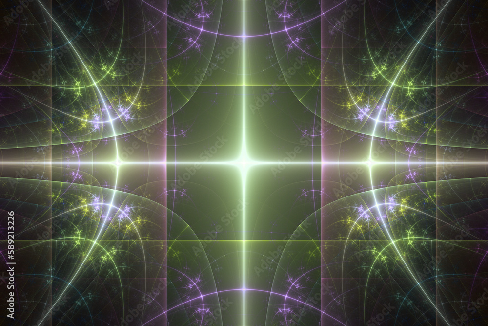 Green purple glowing pattern of curved waves and rays on a black background. Abstract fractal 3D rendering Green purple glowing pattern of curved waves and rays on a black background. Abstract fractal 3D rendering