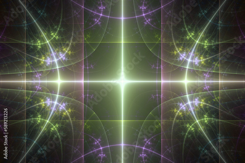 Green purple glowing pattern of curved waves and rays on a black background. Abstract fractal 3D rendering