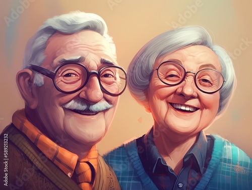 Funny illustration of two old people hugging, detailed character expressions