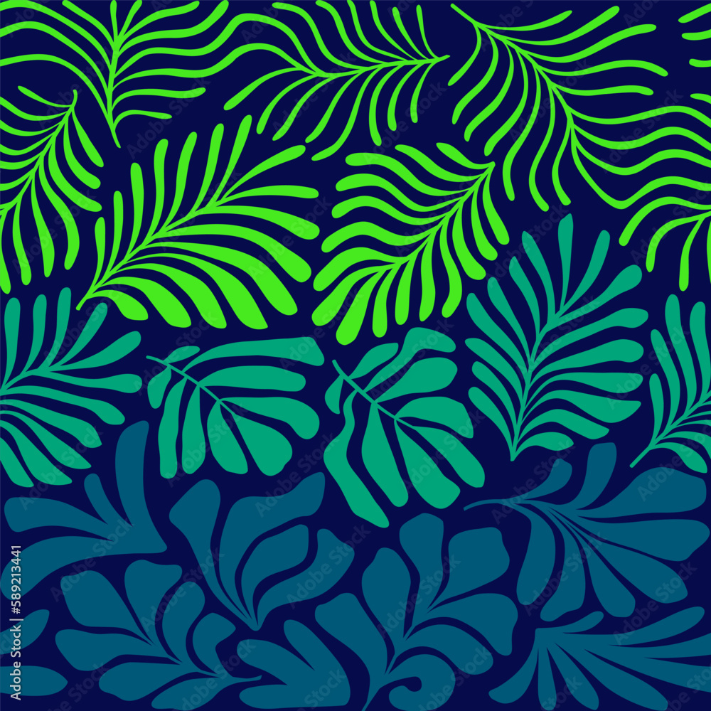 Dark blue green abstract background with tropical palm leaves in Matisse style. Vector seamless pattern with Scandinavian cut out elements. Dark blue green abstract background with tropical palm leaves in Matisse style. Vector seamless pattern with Scandinavian cut out elements.