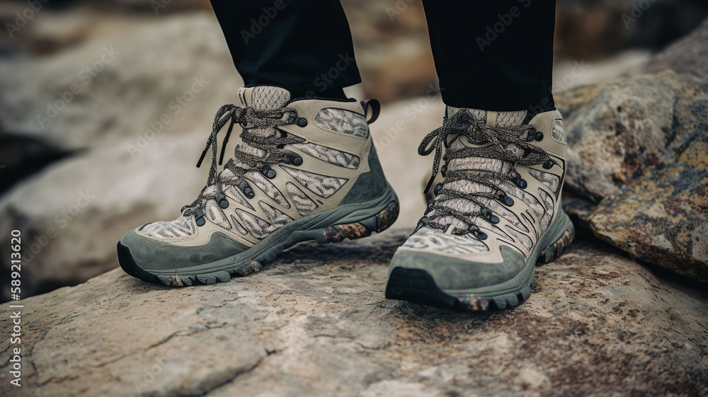 Hiker standing on a rock in mountains. Hiking concept, sport lifestyle