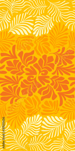 Yellow orange abstract background with tropical palm leaves in Matisse style. Vector seamless pattern with Scandinavian cut out elements.