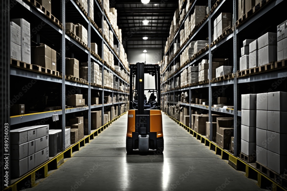 Forklift stop at aisle of mega modern warehouse, AI generated Forklift stop at aisle of mega modern warehouse, AI generated