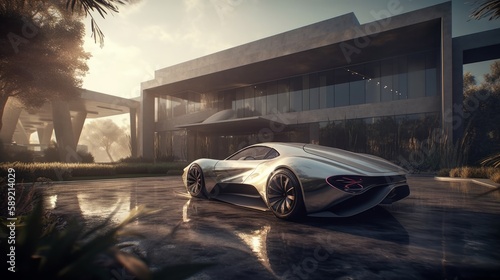Imposing Luxury House & Sleek Bright-Light Supercars: The Ultimate Outdoor Lifestyle, Generative AI