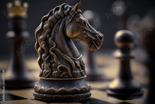 Chess strategy concept, close-up of knight horse on chessboard, AI generated