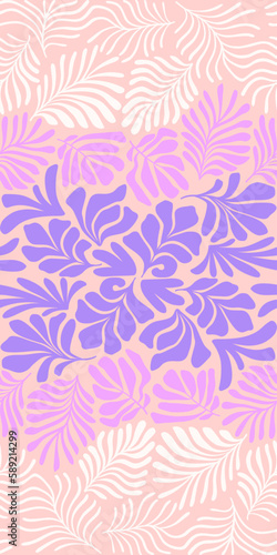 Pastel pink purple brown abstract background with tropical palm leaves in Matisse style. Vector seamless pattern with Scandinavian cut out elements.