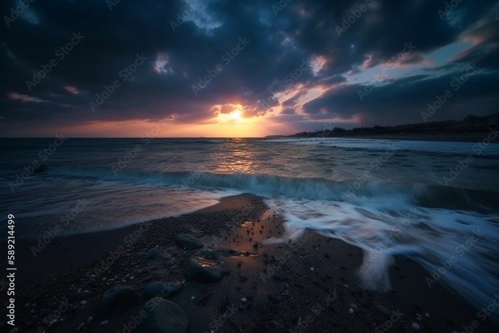 Obraz premium Amazing sunset at the ocean shore or sea. Beautiful sky with sun setting at the seaside. Ai generated