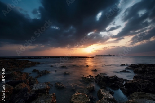 Amazing sunset at the ocean shore or sea. Beautiful sky with sun setting at the seaside. Ai generated © dragomirescu