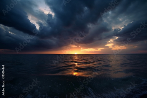 Amazing sunset at the ocean shore or sea. Beautiful sky with sun setting at the seaside. Ai generated