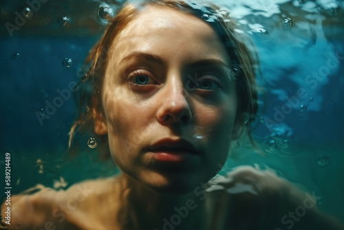 Photo shoot in a pool, Close-up headshot of a young beautiful woman, made with Generative AI © CorinaDanielaObertas