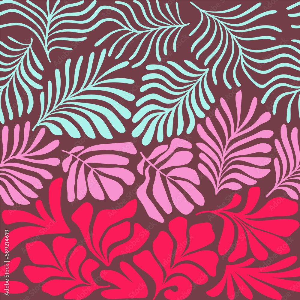 Fototapeta premium Pink blue abstract background with tropical palm leaves in Matisse style. Vector seamless pattern with Scandinavian cut out elements.