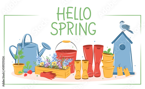 Hello spring text. Gardening, growing plants, agricultural tools. Vector illustration.