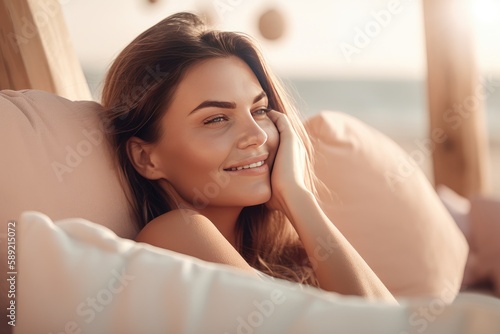 Happy woman lying down relaxing enjoying on sofa at the beach, lifestyle, generative AI
