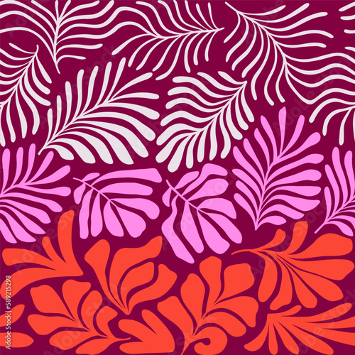 Red pink abstract background with tropical palm leaves in Matisse style. Vector seamless pattern with Scandinavian cut out elements. © Oleksandra
