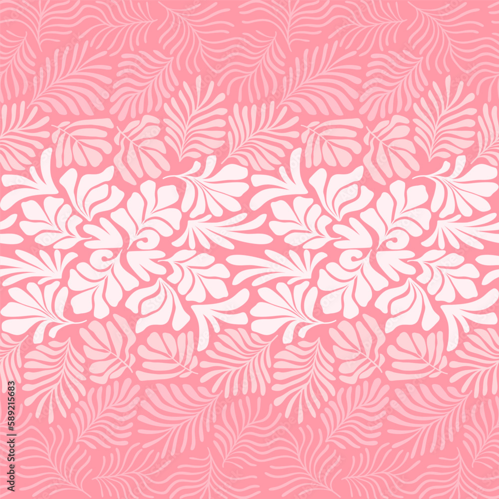 Obraz premium Pink white abstract background with tropical palm leaves in Matisse style. Vector seamless pattern with Scandinavian cut out elements.