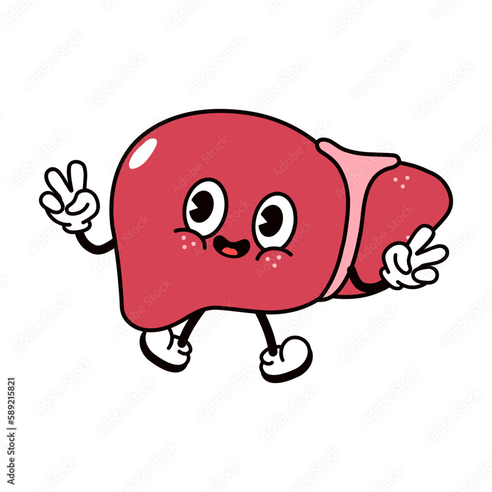 Cute funny jumping Liver character. Vector hand drawn traditional cartoon vintage, retro, kawaii character illustration icon. Isolated on white background. Liver jump character concept Cute funny jumping Liver character. Vector hand drawn traditional cartoon vintage, retro, kawaii character illustration icon. Isolated on white background. Liver jump character concept