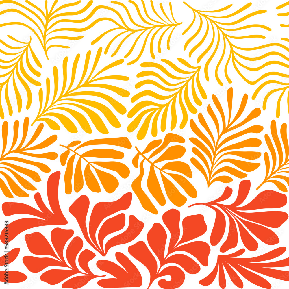 Orange yellow abstract background with tropical palm leaves in Matisse style. Vector seamless pattern with Scandinavian cut out elements.