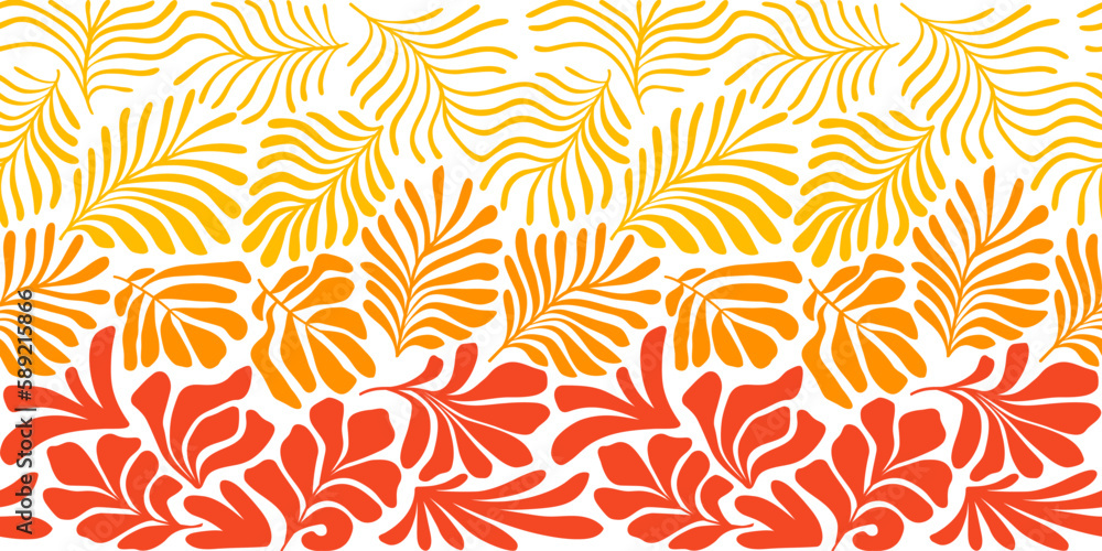 Orange yellow abstract background with tropical palm leaves in Matisse style. Vector seamless pattern with Scandinavian cut out elements. Orange yellow abstract background with tropical palm leaves in Matisse style. Vector seamless pattern with Scandinavian cut out elements.