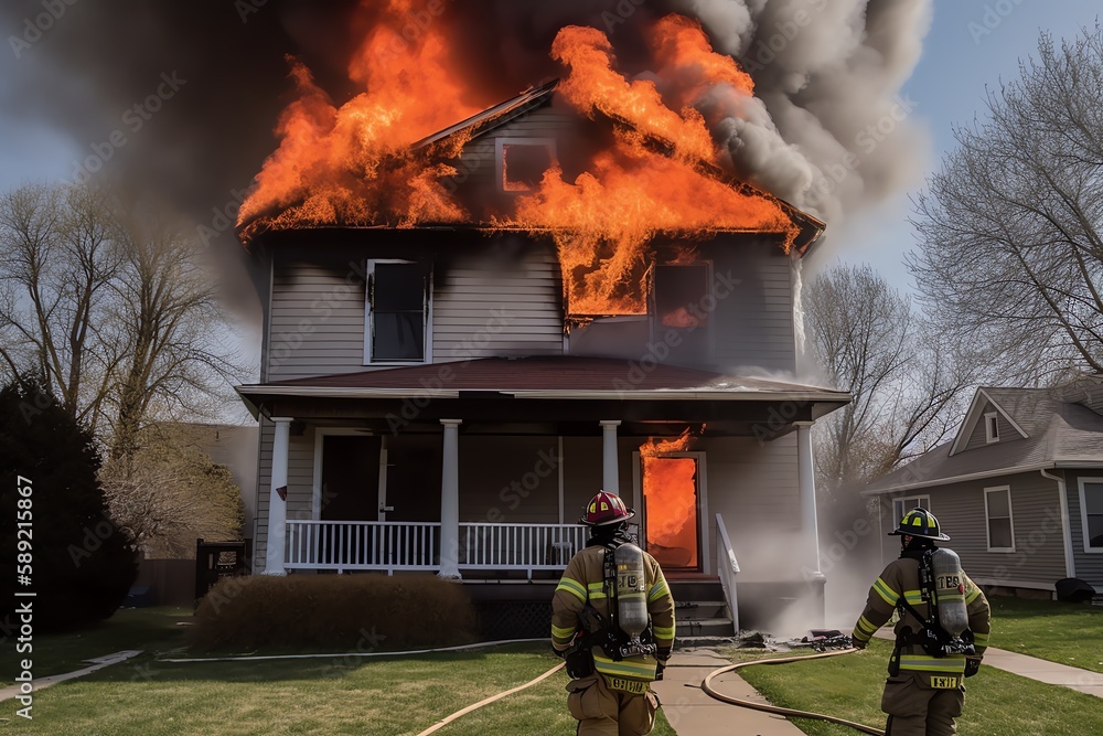 Obraz premium Burning house. Burning roof. Building on fire. Firefighters fighting against fire. Generative AI