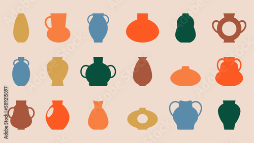 Set of ancient pottery, vase and jars. Ceramic amphora silhouettes abstract shapes, hand drawn isolated icons. Vector illustration