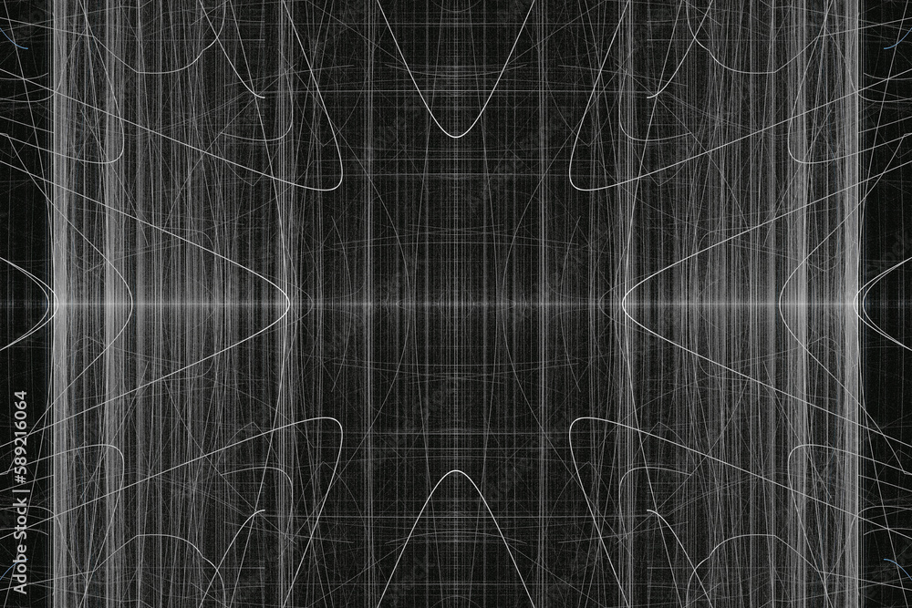 Gray pattern of crooked threads on a black background. Abstract fractal 3D rendering