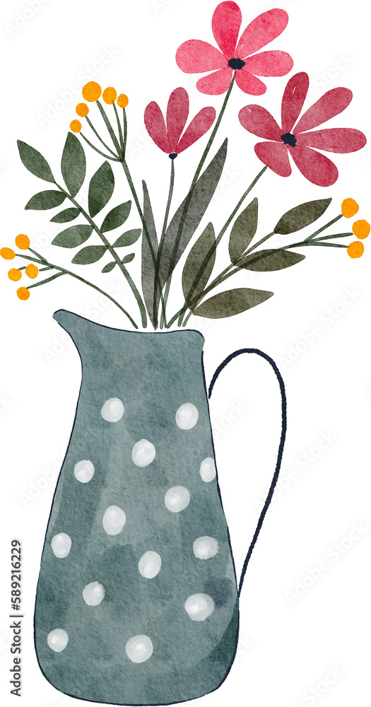 Watercolor hand painted pitcher with wild flowers, element on