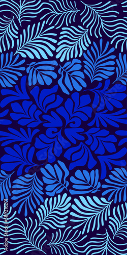 Blue gradient abstract background with tropical palm leaves in Matisse style. Vector seamless pattern with Scandinavian cut out elements.