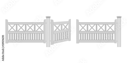 Wooden fence with wicket isolated on white background. Village white fence with open gates. Garden fencing with doors. Farm or rural house boundary. Outdoor exterior entrance.Stock vector illustration