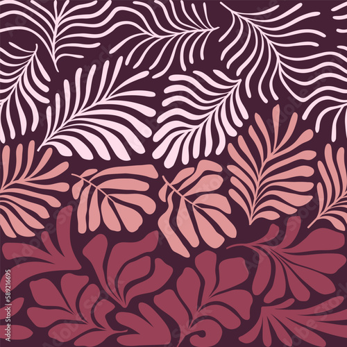 Brown beige abstract background with tropical palm leaves in Matisse style. Vector seamless pattern with Scandinavian cut out elements. © Oleksandra