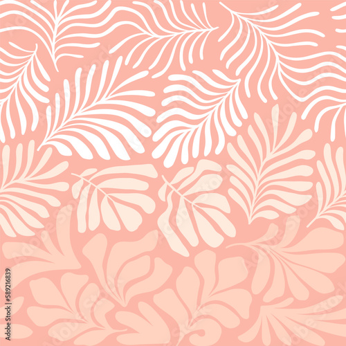 Pastel peach brown abstract background with tropical palm leaves in Matisse style. Vector seamless pattern with Scandinavian cut out elements.