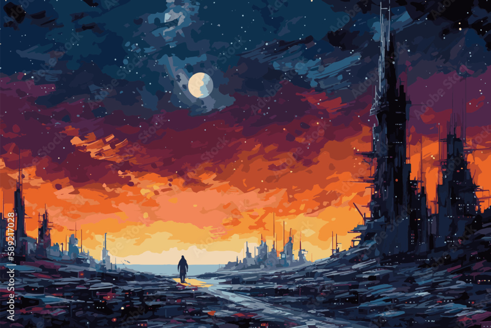 Minimalistic picture of a lonely alien tower in a alien world vector