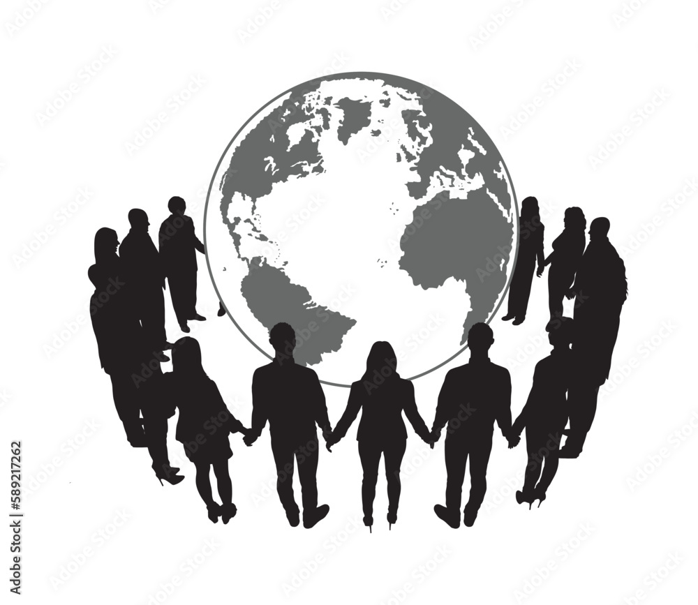 People standing in circle holding hands around giant globe full length vector silhouette.