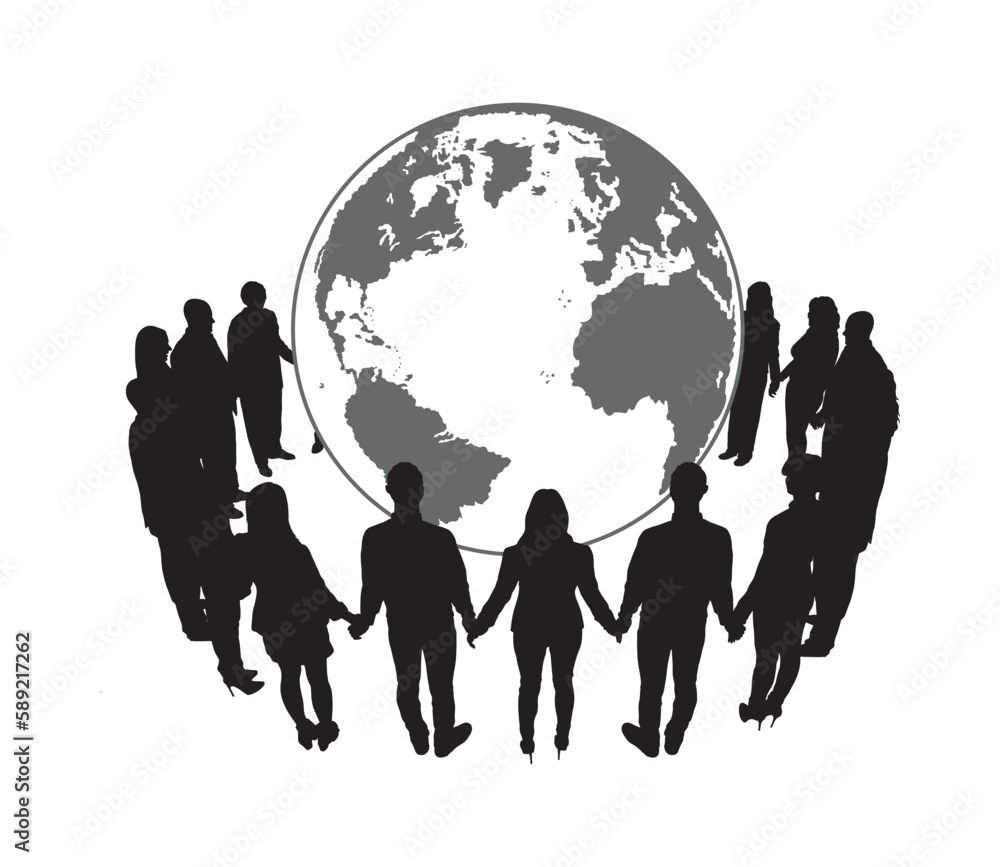 custom made wallpaper toronto digitalPeople standing in circle holding hands around giant globe full length vector silhouette.