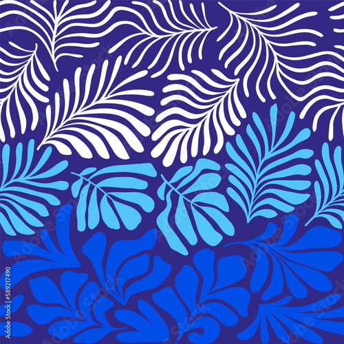 Blue white abstract background with tropical palm leaves in Matisse style. Vector seamless pattern with Scandinavian cut out elements.