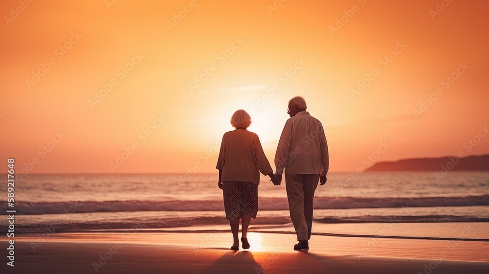 Summer 2023 atmosphere. An elderly couple enjoying a walk on a beach, holding hands and admiring the beautiful sunset with shades of pink and orange in the sky. Generative ai.