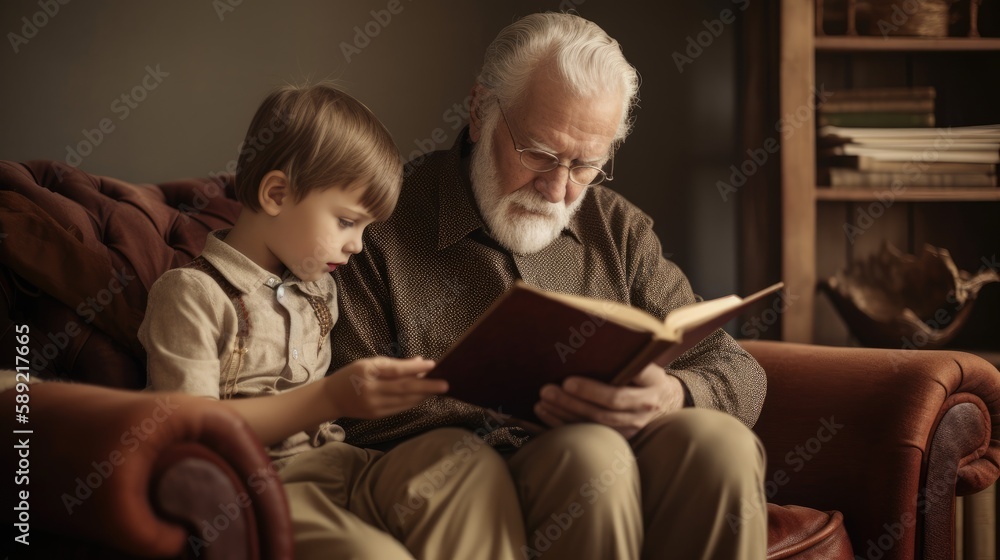 Summer 2023 atmosphere. A grandfather and his grandchild sitting on a cozy chair and reading a book together. Generative ai. - obrazy, fototapety, plakaty 