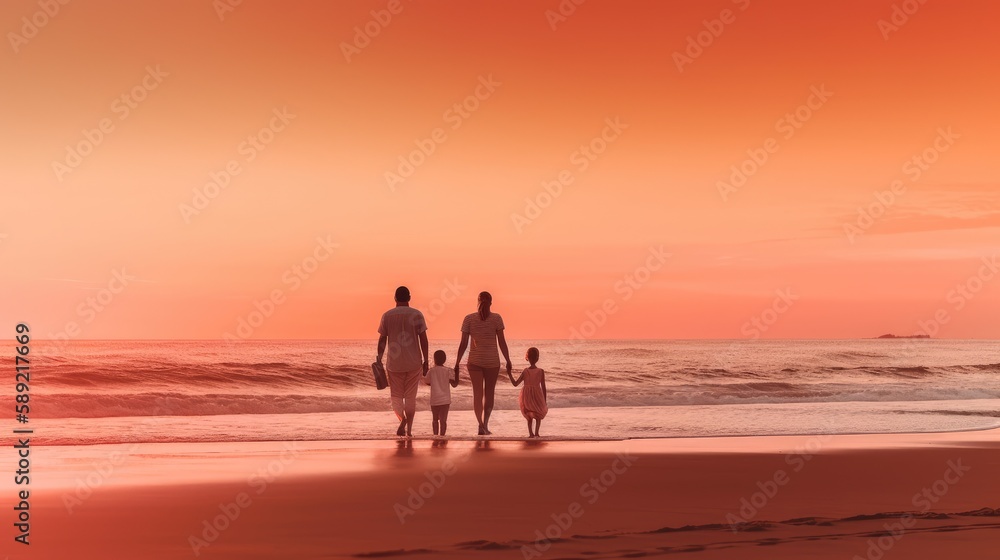 Summer 2023 atmosphere. A family enjoying a day out at the beach with warm shades of orange and pink in the sky during sunset. Generative ai.
