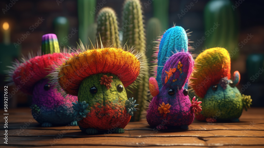 Cactus wearing a mexican sombrero hat. Cinco de mayo celebration background. Generative ai